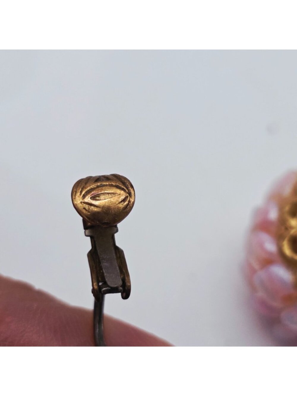 Vintage Pink Glass Bead Clip-On Earrings With Gold-Tone Filigree Base 1" - Picture 8 of 8